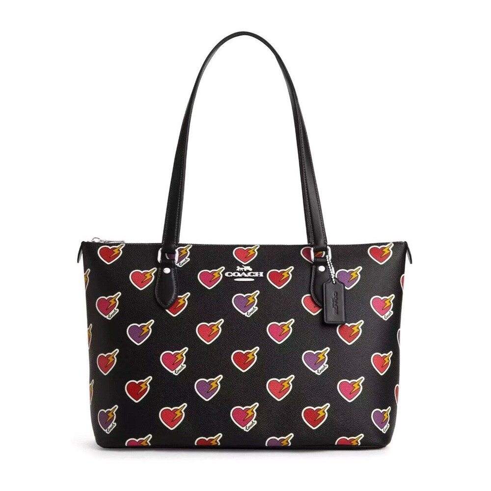 New Coach CW434 Gallery Tote Bag with Heart Bolt Print Black Multi